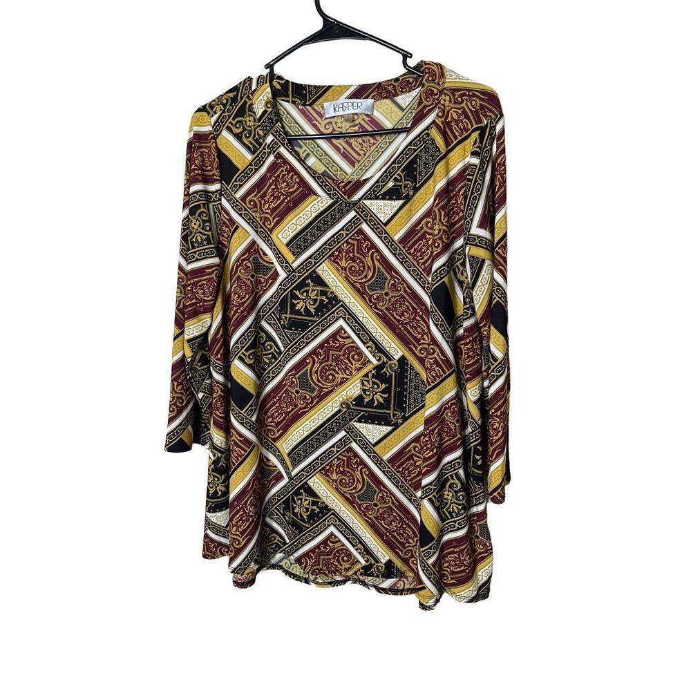 KASPER Blouse Womens Size L Geometric Chain Print V Neck Elegant Luxurious
